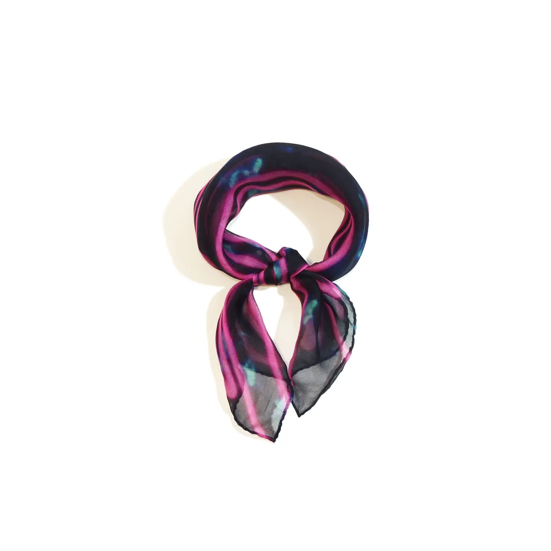 < Limited Edition >  Stylish Black Printed Silk Scarf in Chiffon "Pink Brink" 42x42cm