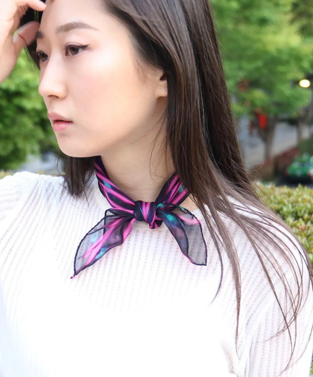 < Limited Edition >  Stylish Black Printed Silk Scarf in Chiffon "Pink Brink" 42x42cm