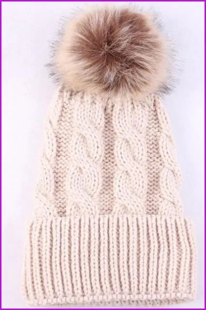 Mom And Kids Winter Knit Faux Fur Pompom Hats