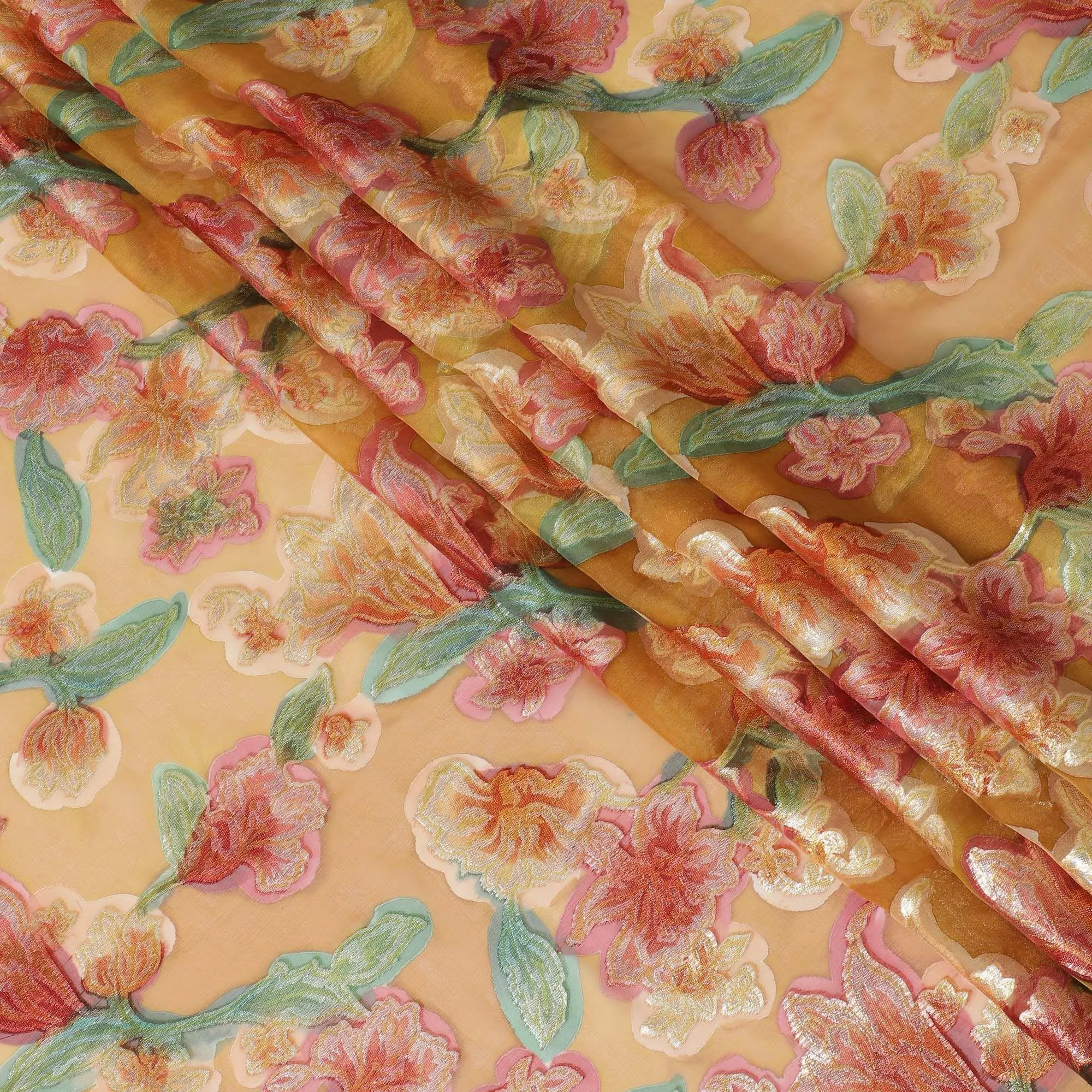 Mustard brown premium pure silk chiffon fabric with multicolor hand printed and metallic lurex in floral design-D10424