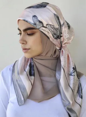 Peach and Grey Rose Square Satin Silky Scarf