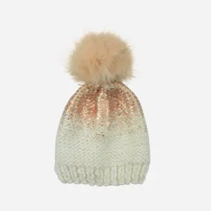 Pearl Metallic Hat with Fur Pom, Cream and Rose Gold