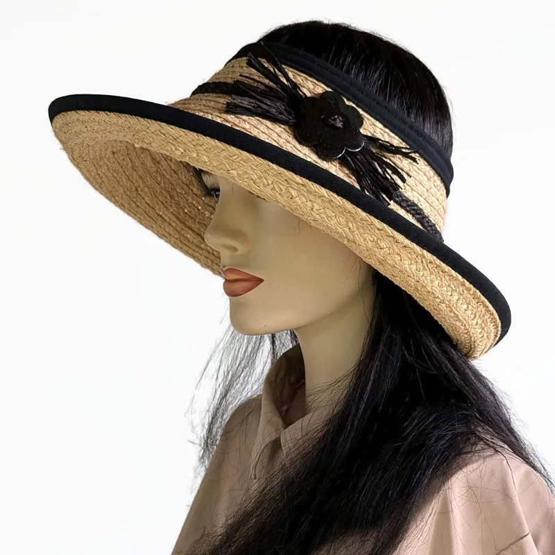 Raffia Straw pop top full brim visor, with extra large brim, adjustable fit sweatband