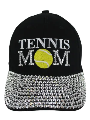 Tennis Mom Black Rhinestone Covered Baseball Cap