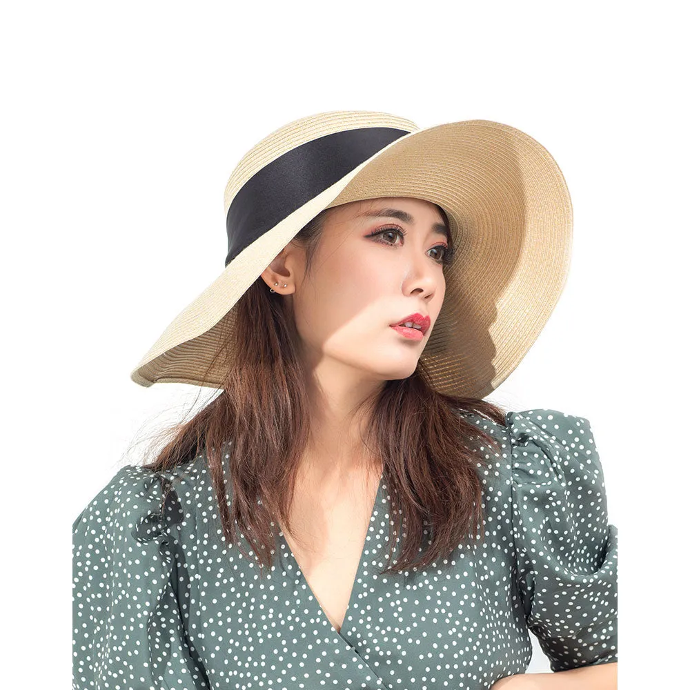 US Stock Women's Wide Brim Floppy Foldable Roll up Straw Hat UPF 50 