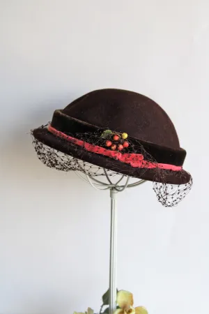 Vintage 1950s Bonwit Teller Brown Hat with Veil