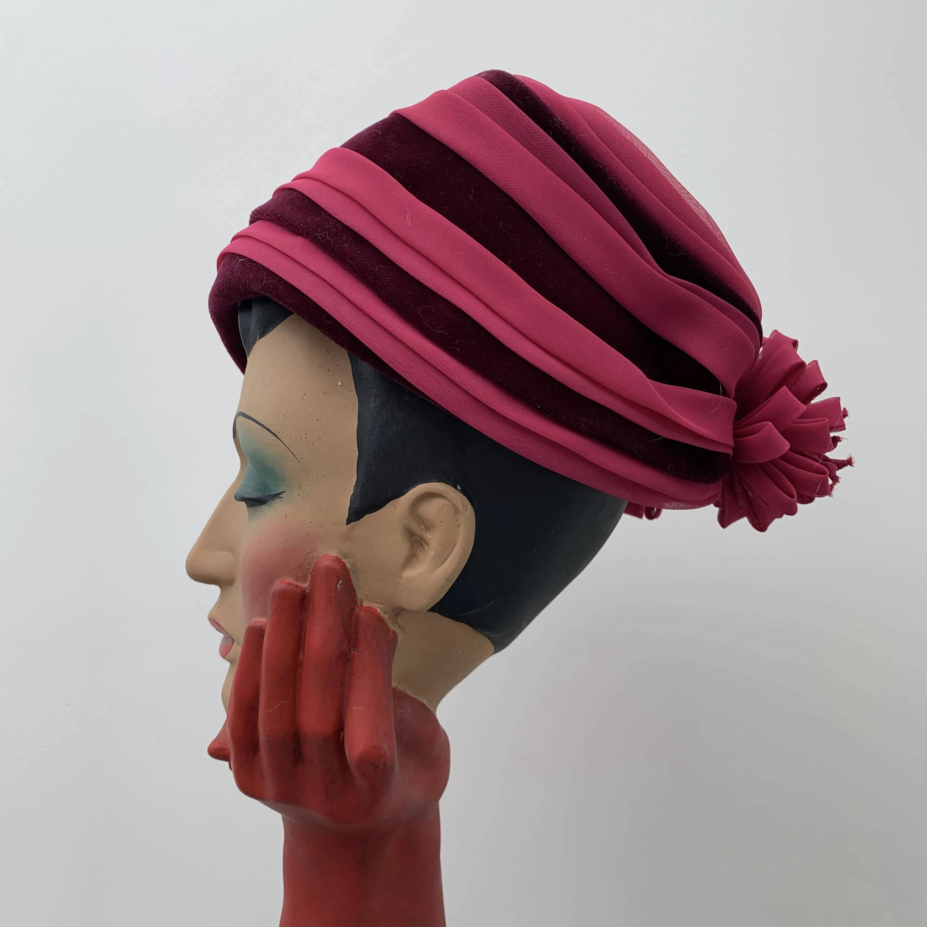 Vintage pink cloche hat with red stripes