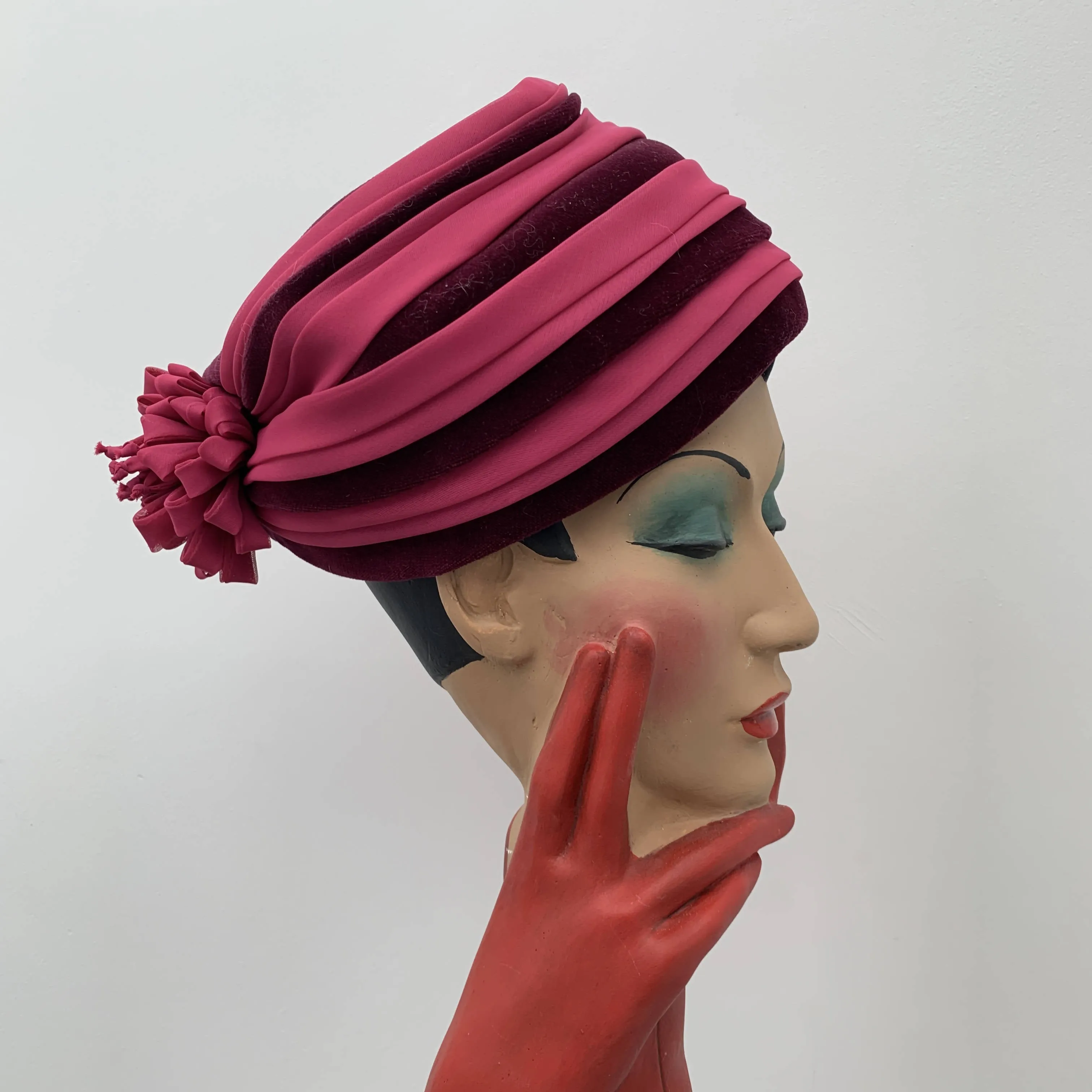 Vintage pink cloche hat with red stripes