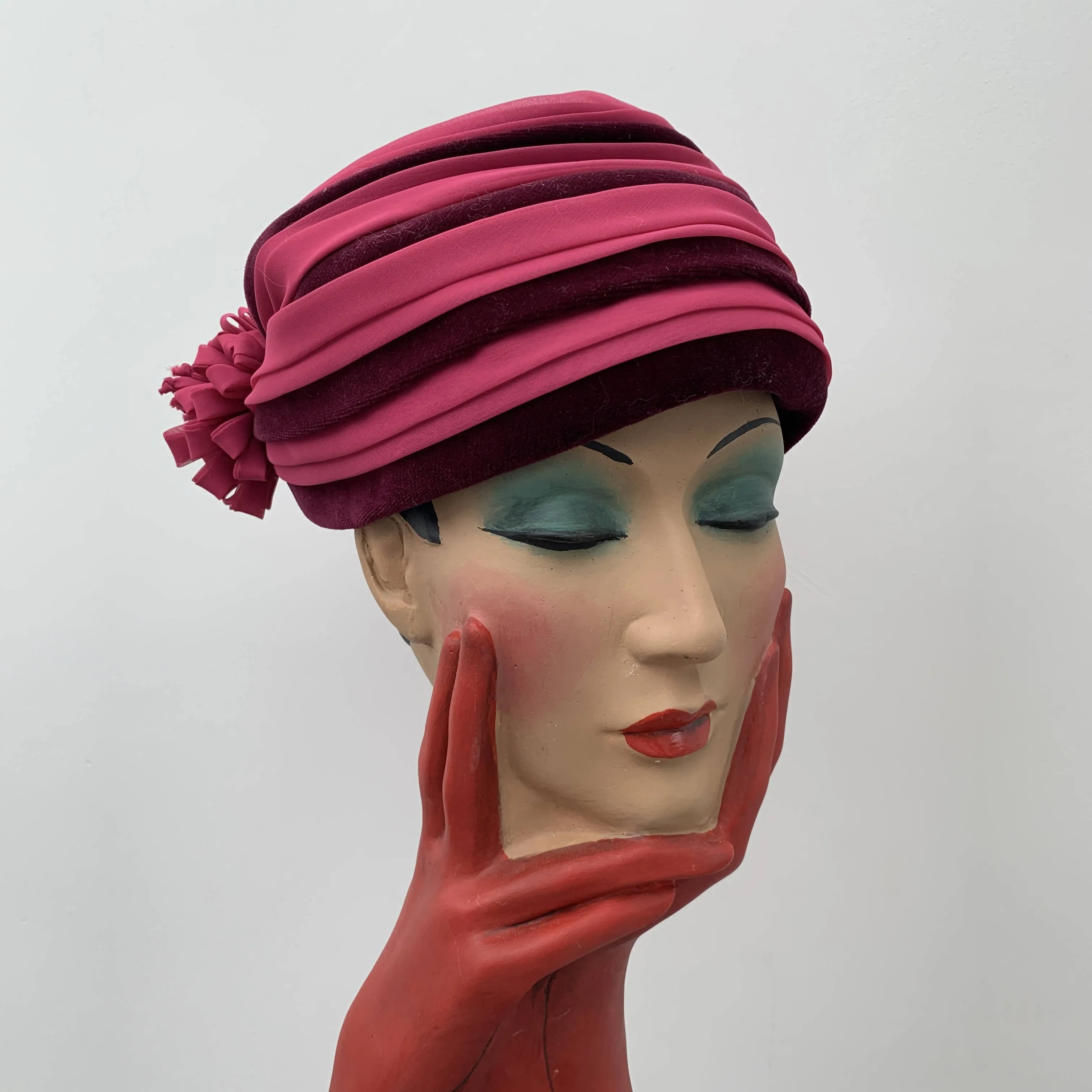 Vintage pink cloche hat with red stripes