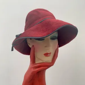 Vintage red velvet fur decorated cloche hat with leather trim edge