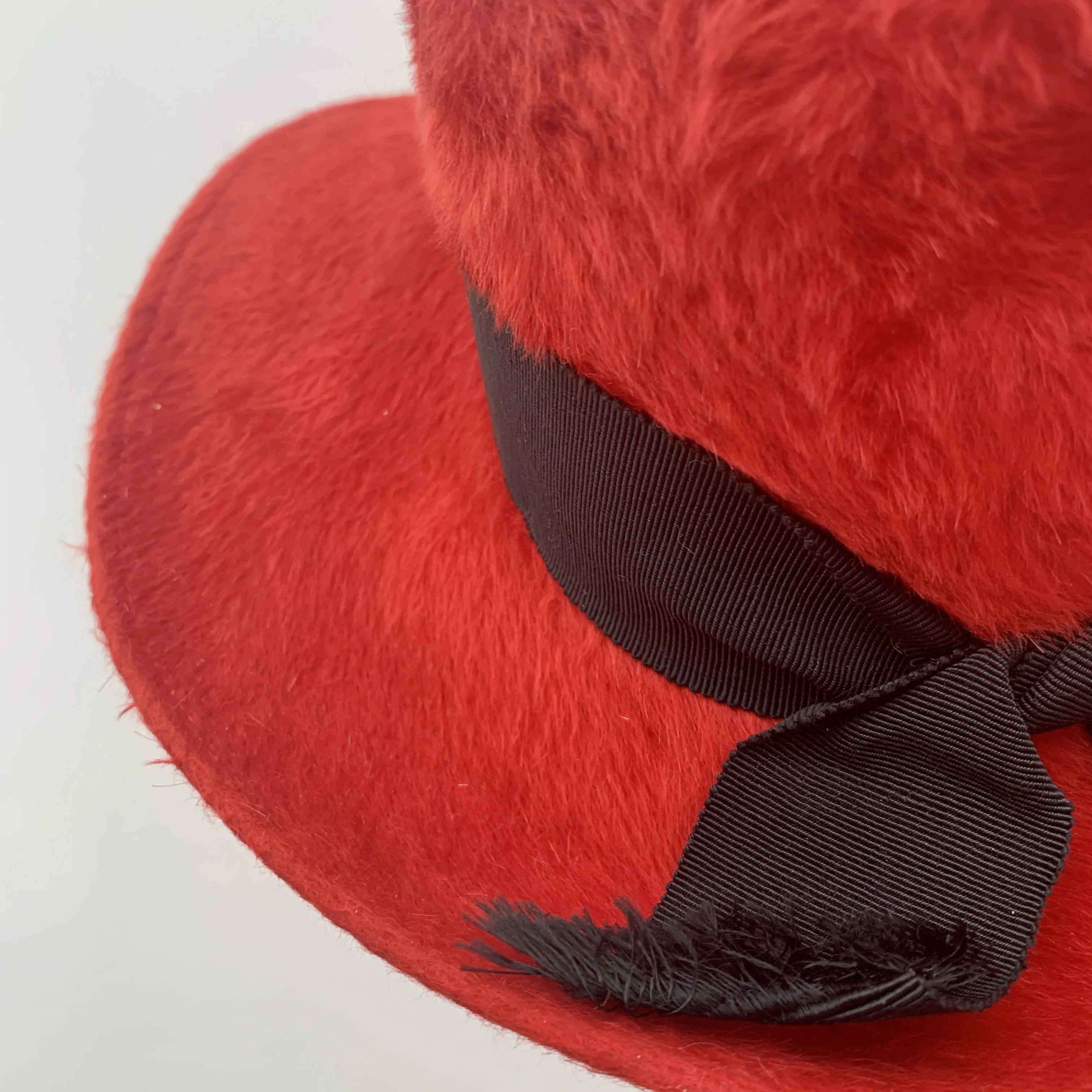 Vintage red velvet rabbit fur fedora hat with black ribbon