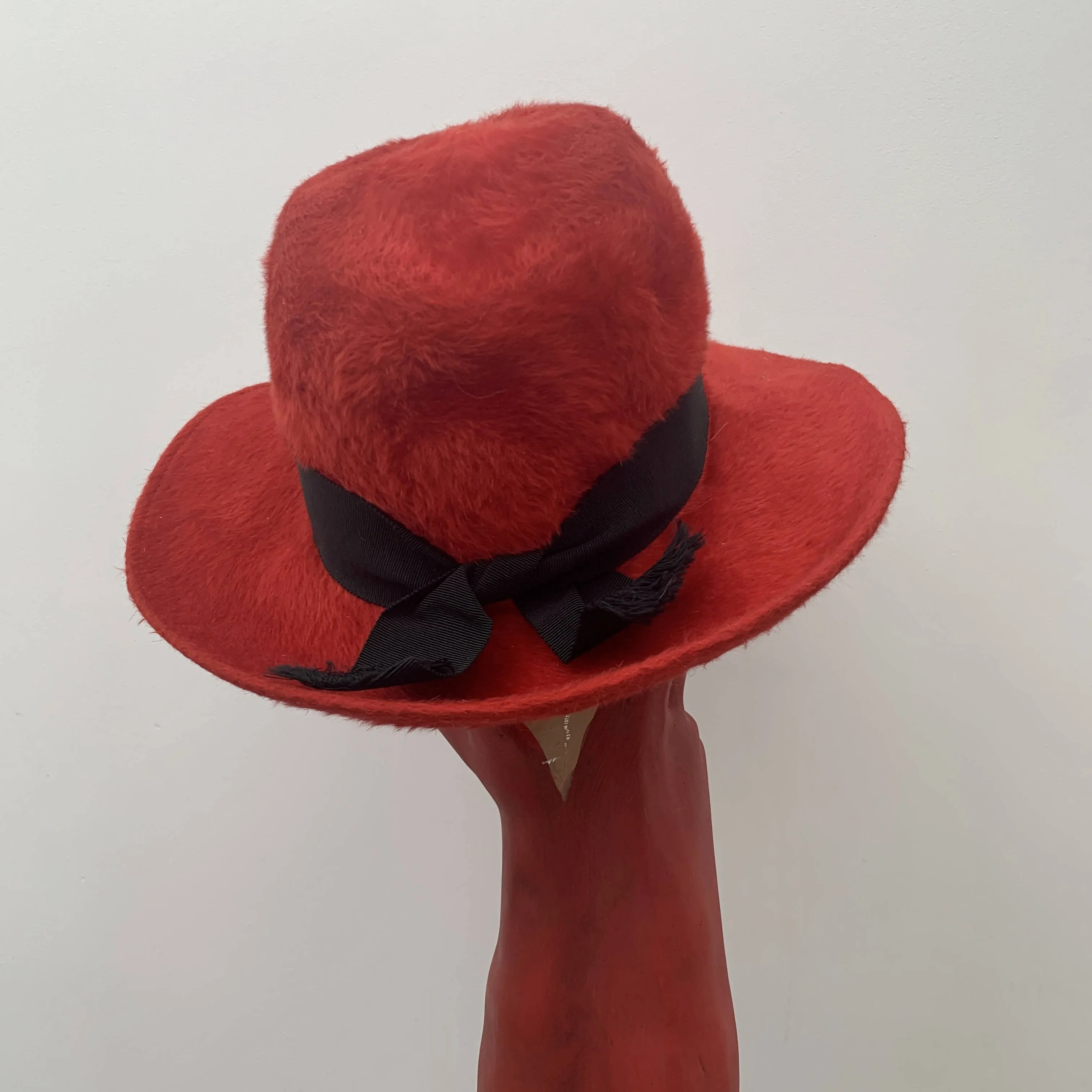 Vintage red velvet rabbit fur fedora hat with black ribbon