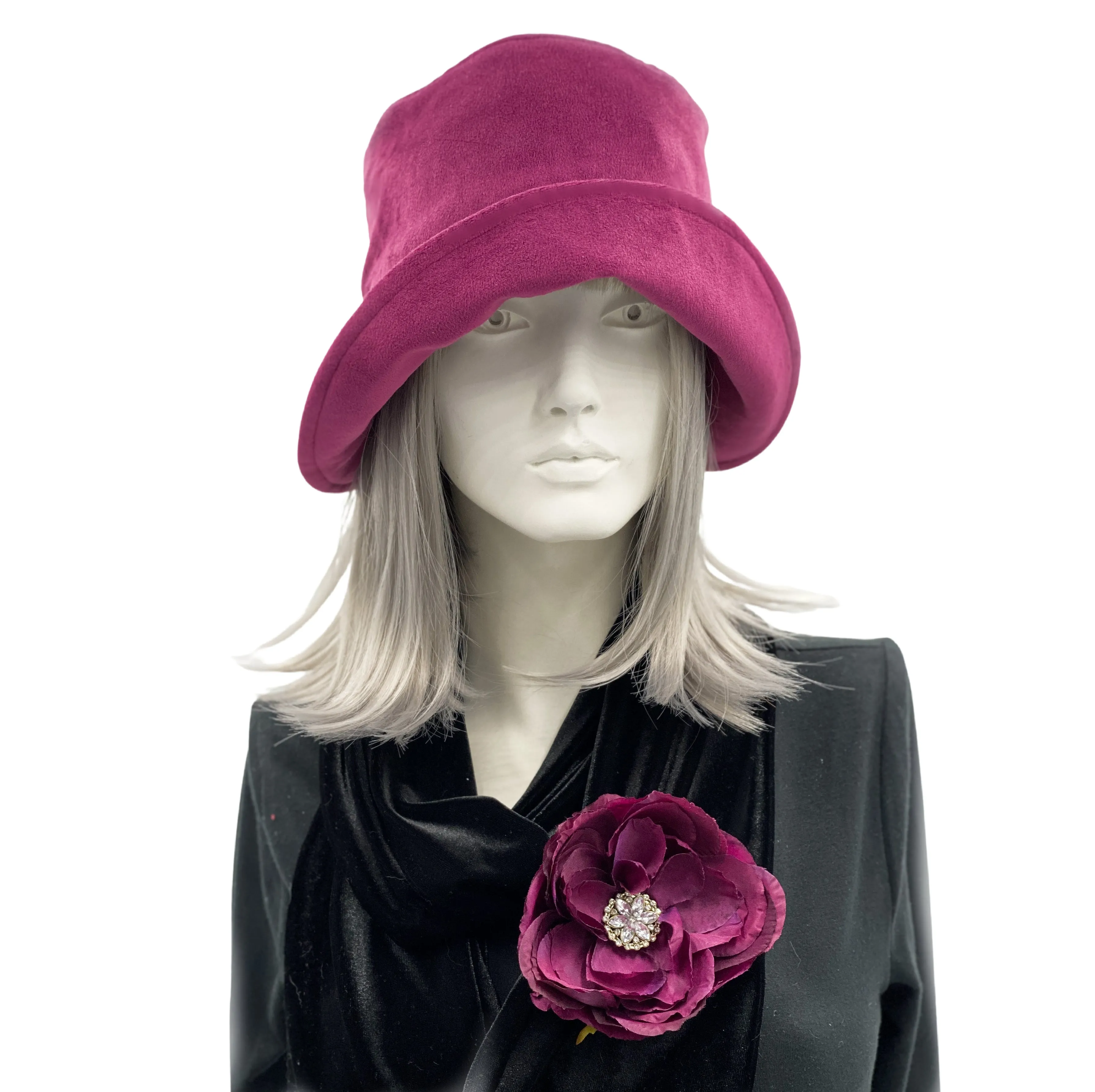 Vintage Style Cloche Hat in Raspberry Velvet with Large Peony Style Flower and Rhinestone | The Eleanor