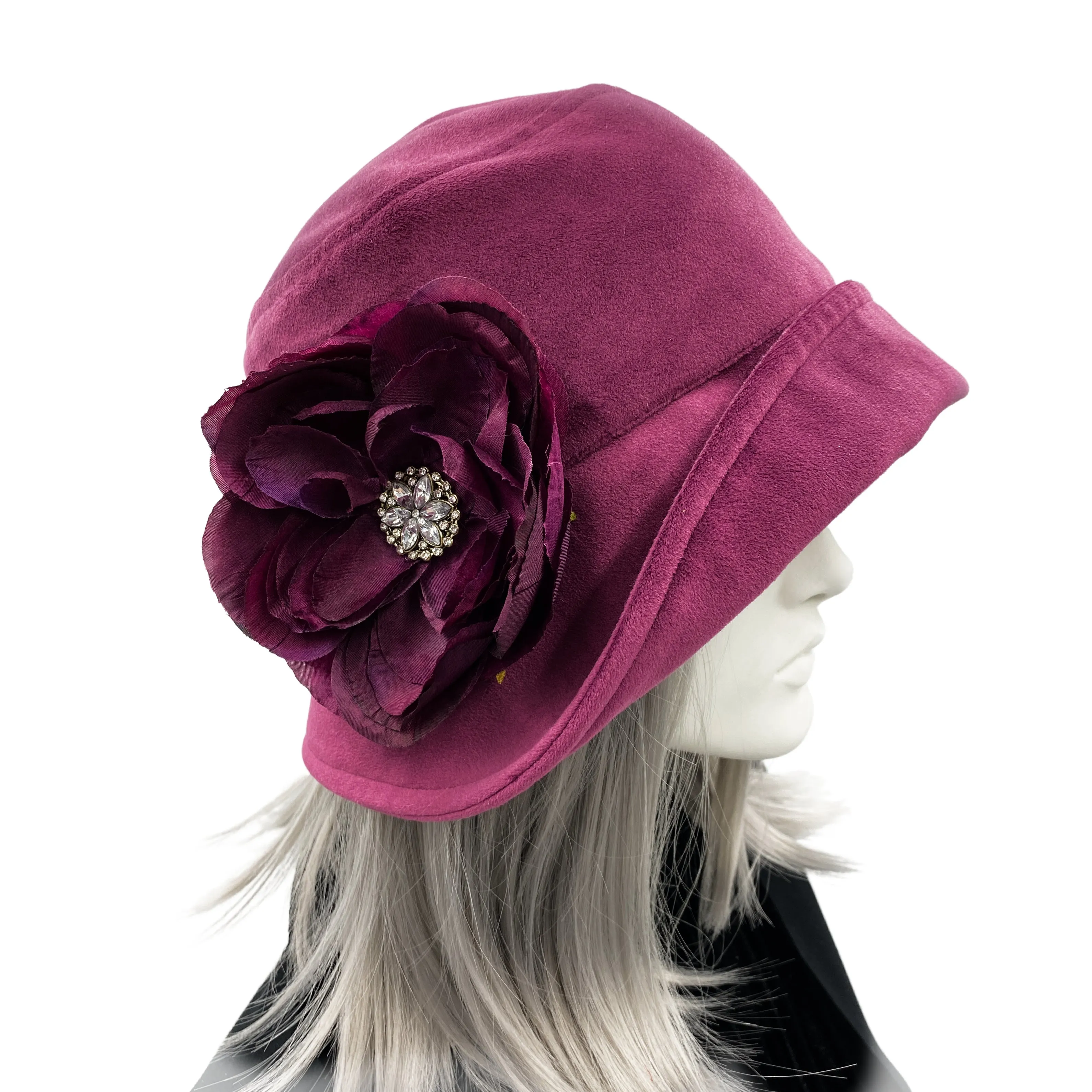 Vintage Style Cloche Hat in Raspberry Velvet with Large Peony Style Flower and Rhinestone | The Eleanor