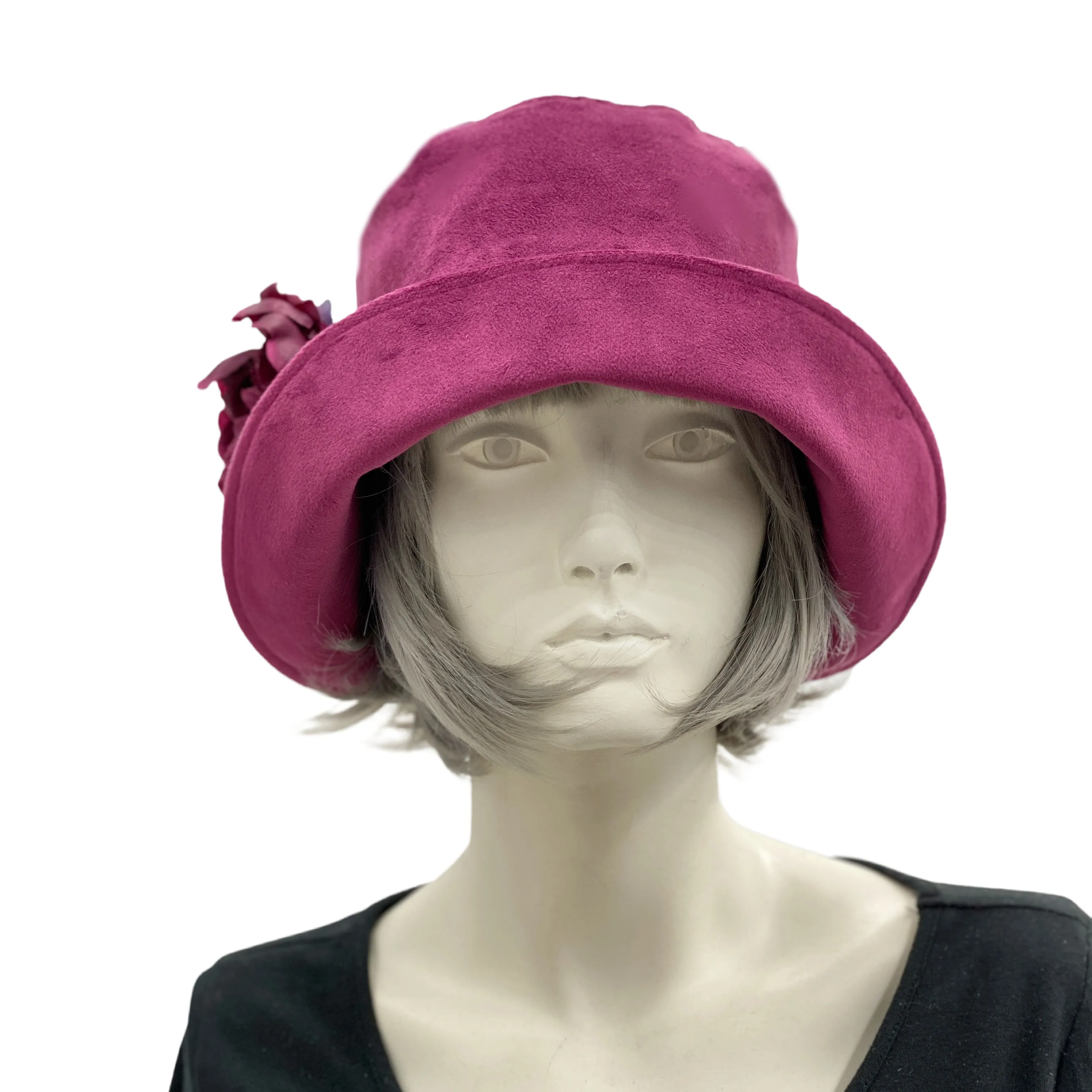 Vintage Style Cloche Hat in Raspberry Velvet with Large Peony Style Flower and Rhinestone | The Eleanor