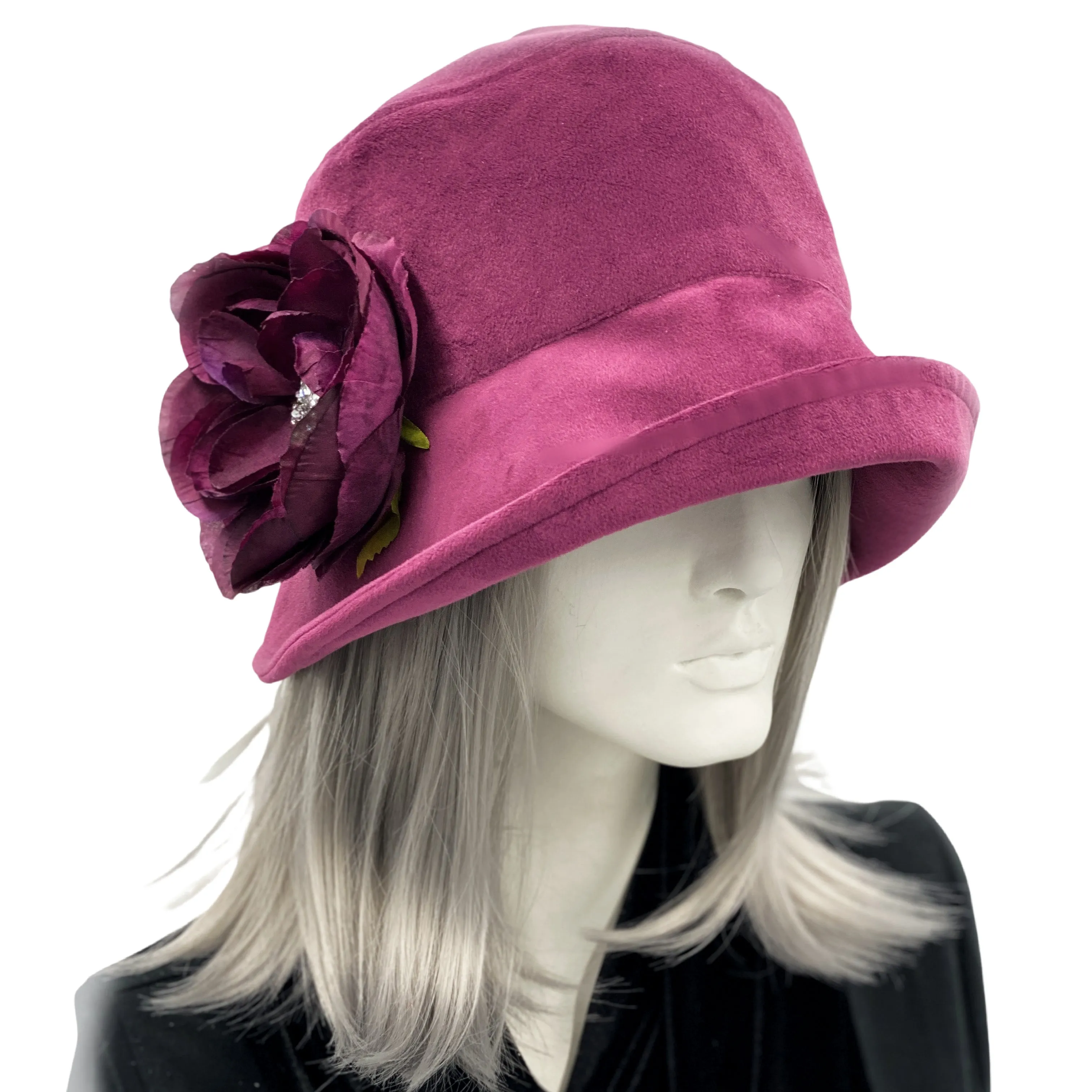 Vintage Style Cloche Hat in Raspberry Velvet with Large Peony Style Flower and Rhinestone | The Eleanor