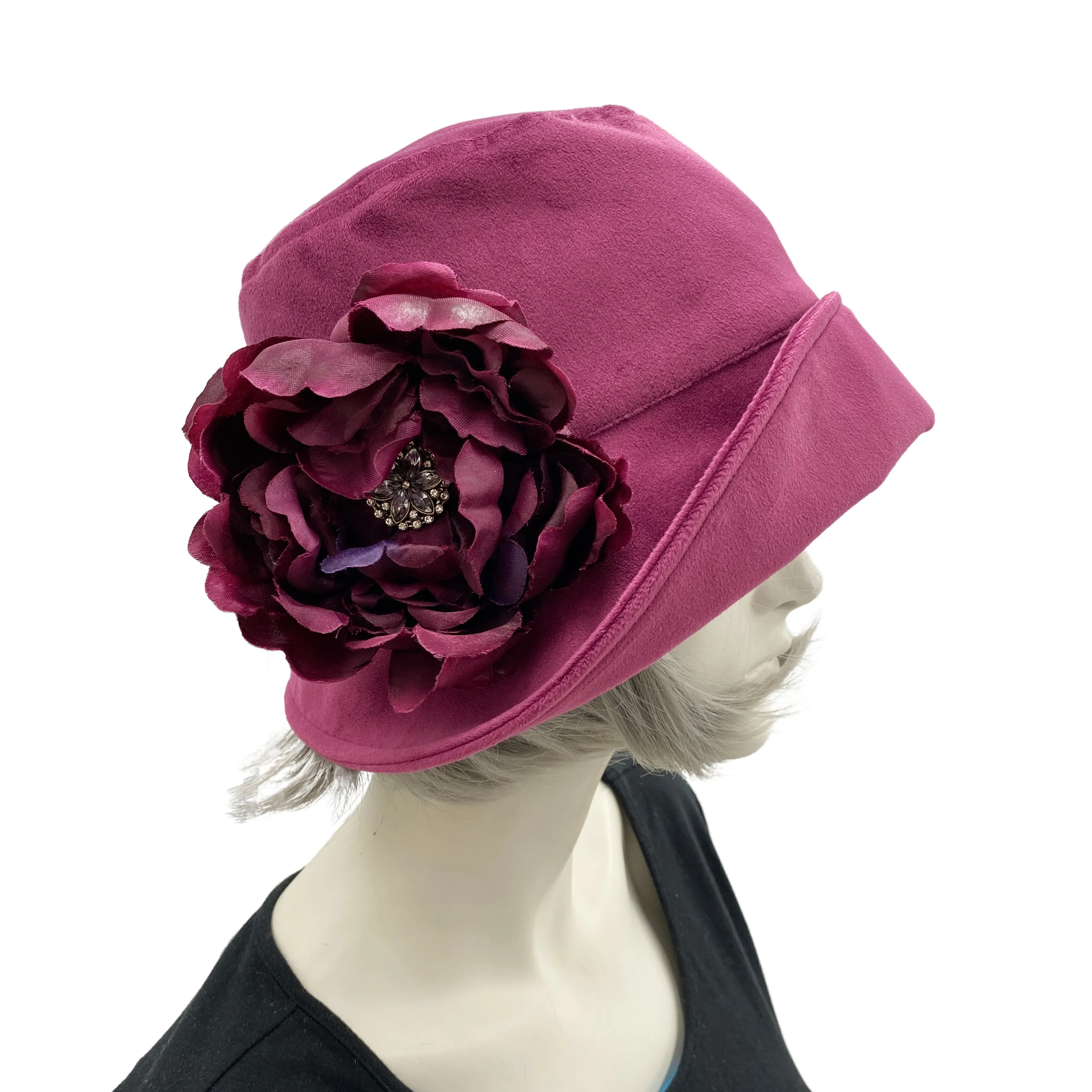 Vintage Style Cloche Hat in Raspberry Velvet with Large Peony Style Flower and Rhinestone | The Eleanor