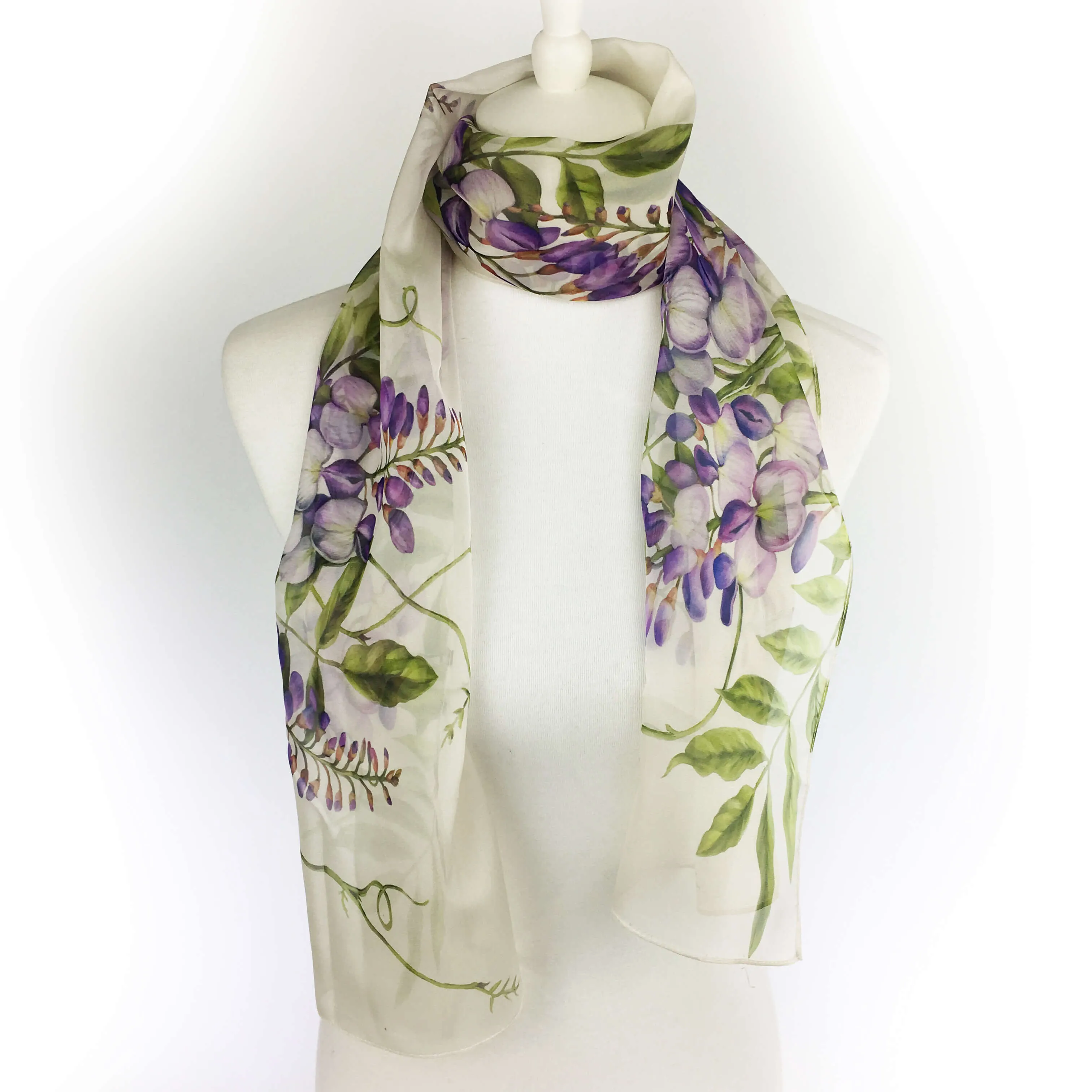 Wisteria floral chiffon scarf on soft white