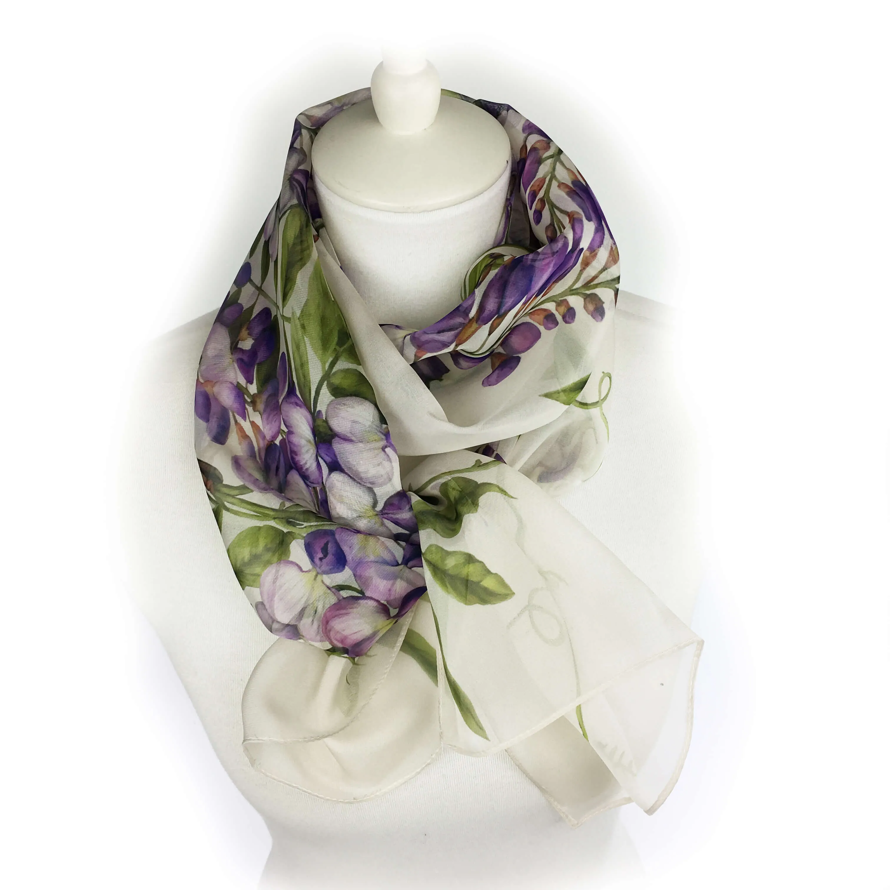 Wisteria floral chiffon scarf on soft white