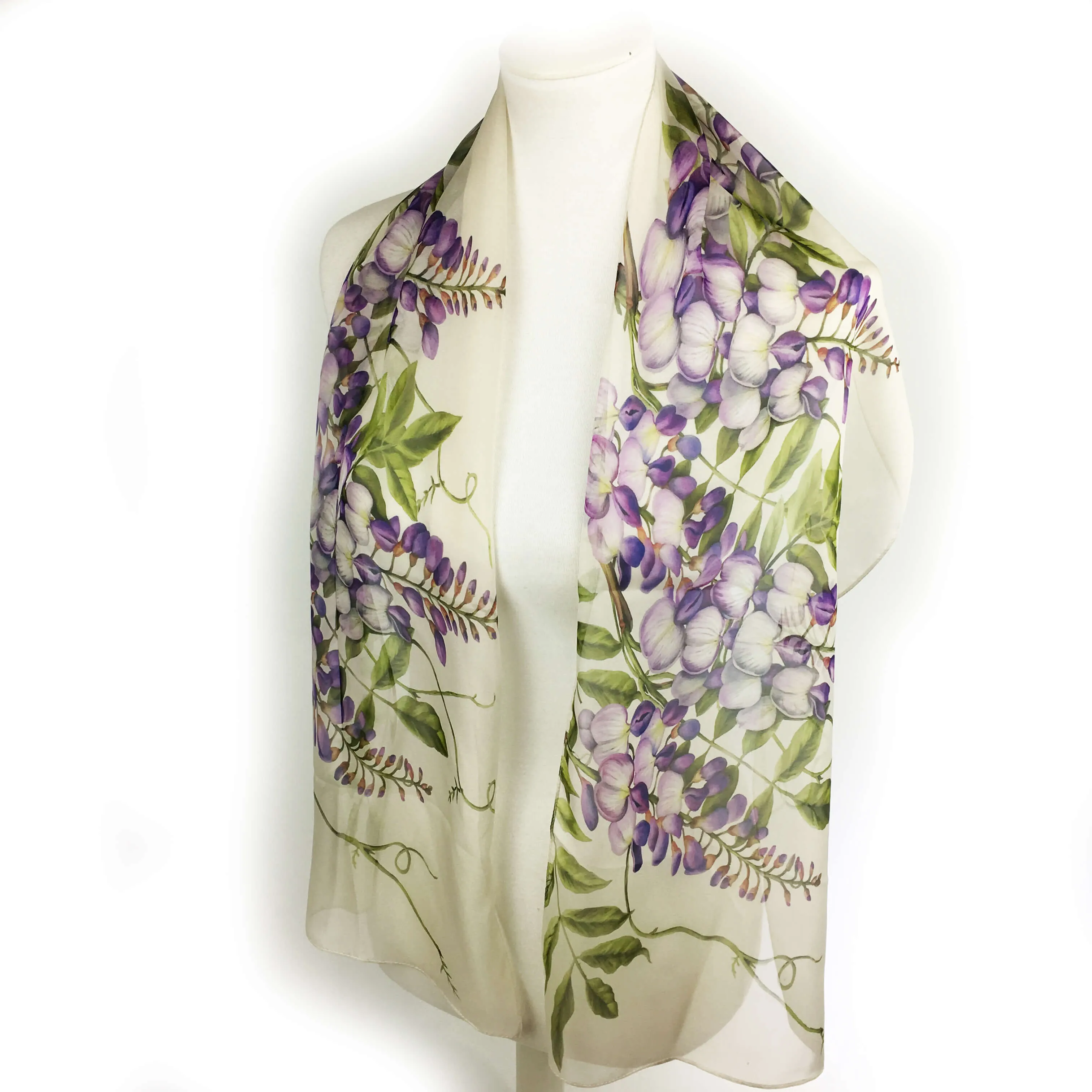 Wisteria floral chiffon scarf on soft white