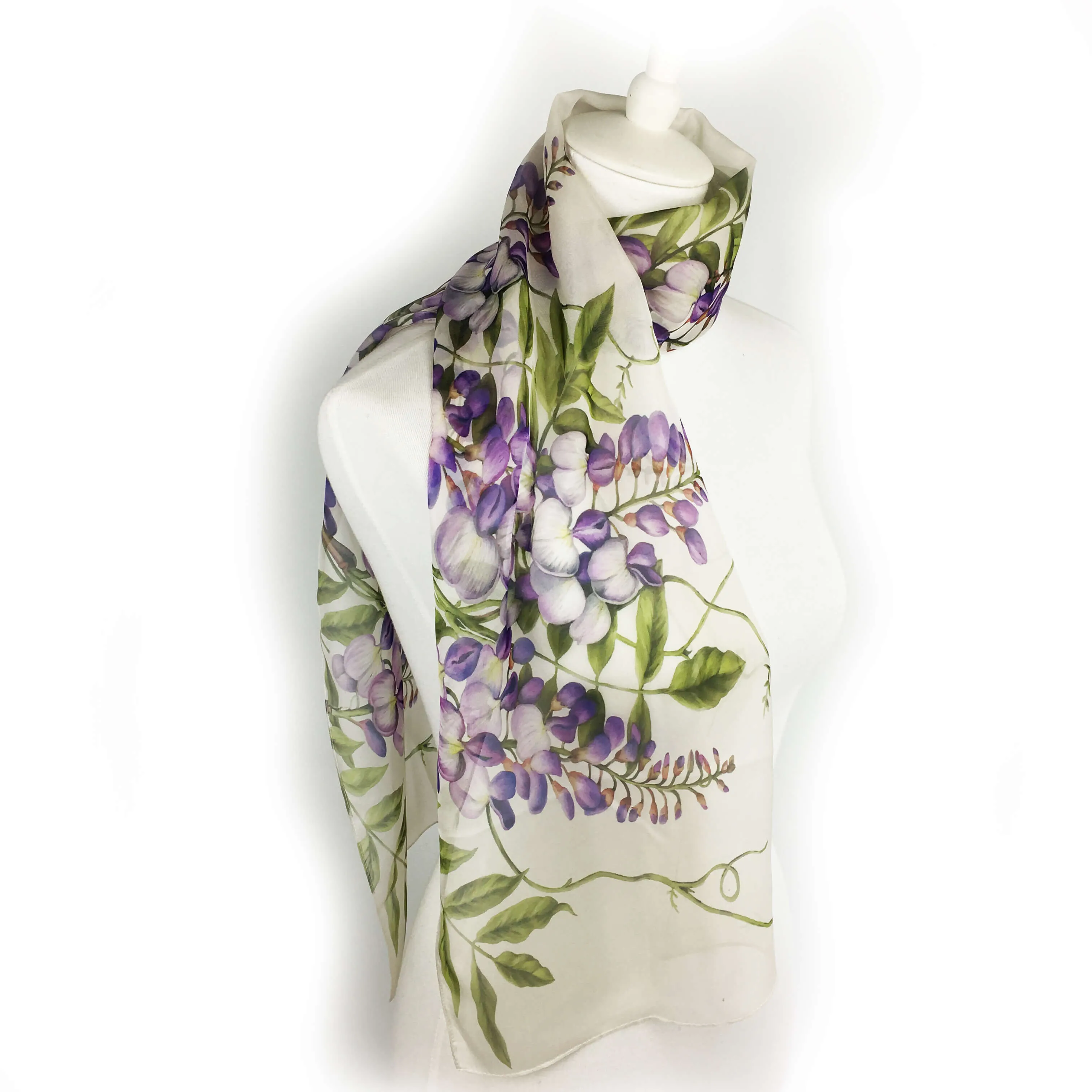 Wisteria floral chiffon scarf on soft white