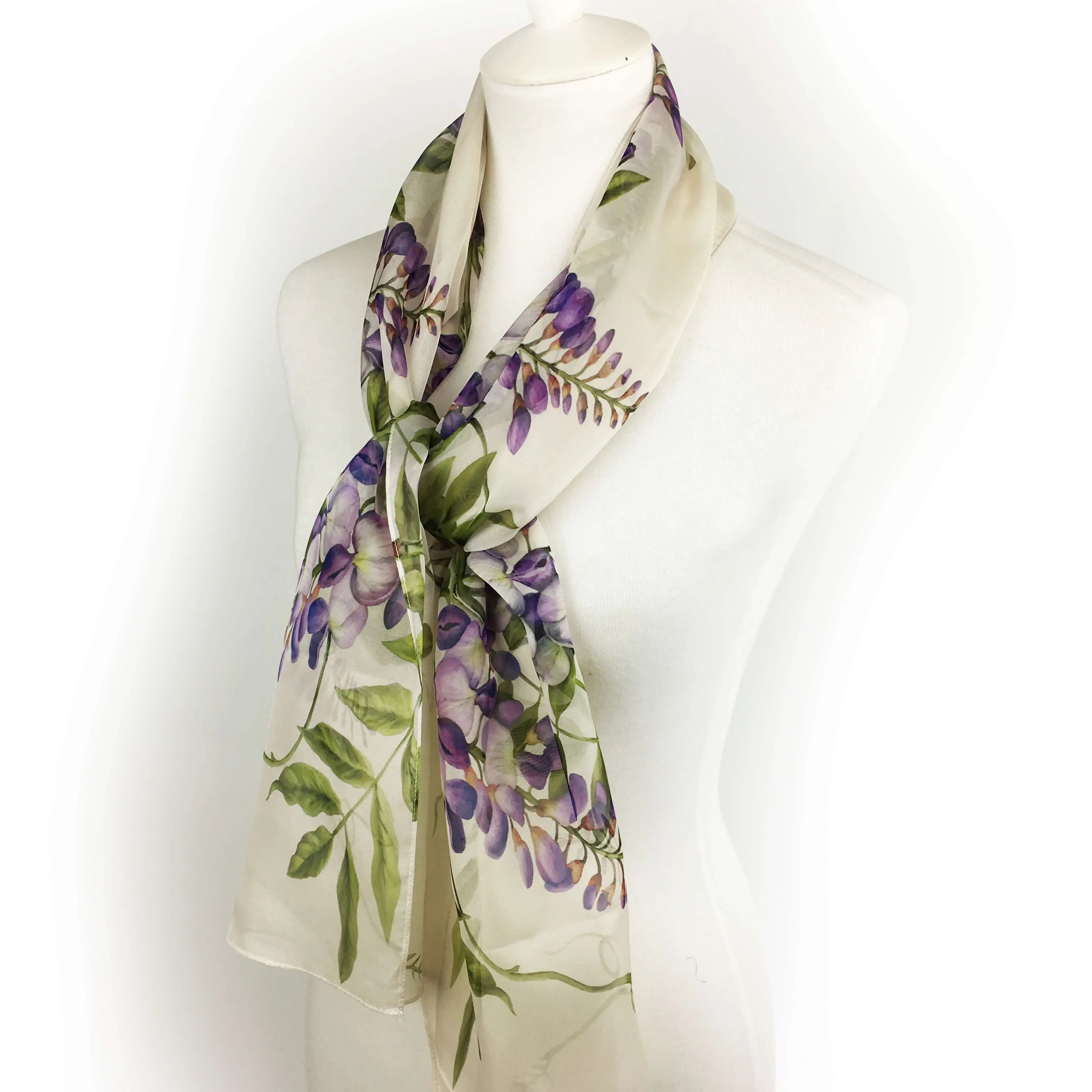 Wisteria floral chiffon scarf on soft white